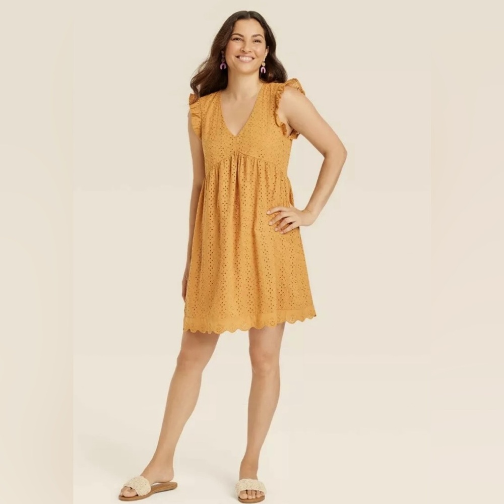 Women's Ruffle Short Sleeve Eyelet A-Line Dress - camel Knox Rose